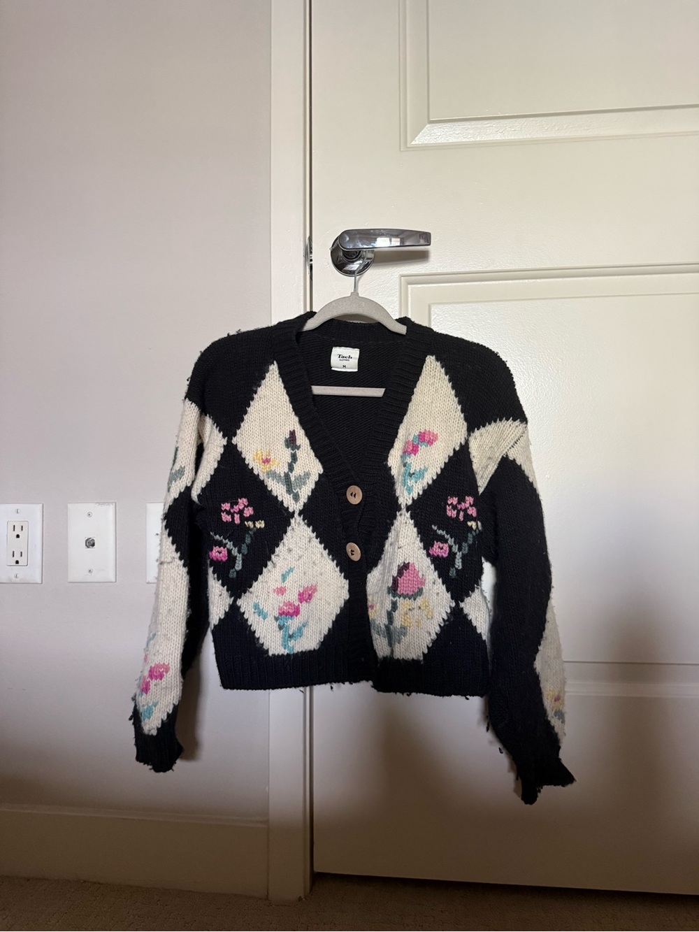 Tach Black & Cream Floral Argyle Cardigan Sweater